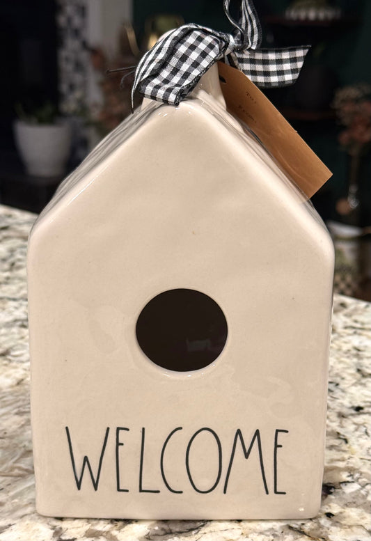 New Rae Dunn white ceramic WELCOME gingham ribbon birdhouse decor, with original tag