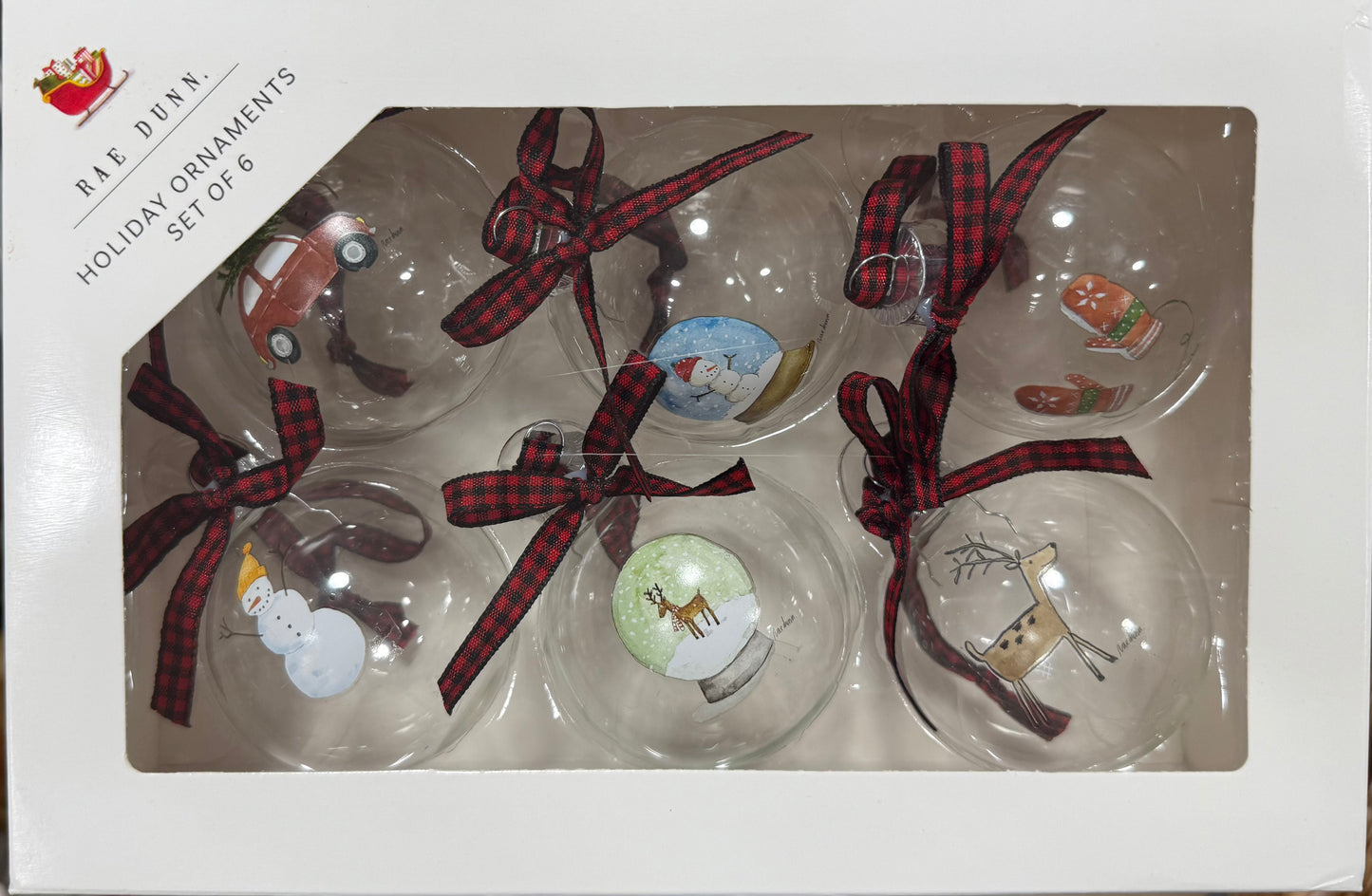 New in box Rae Dunn 6-piece glass “pictures” Christmas ornament box set