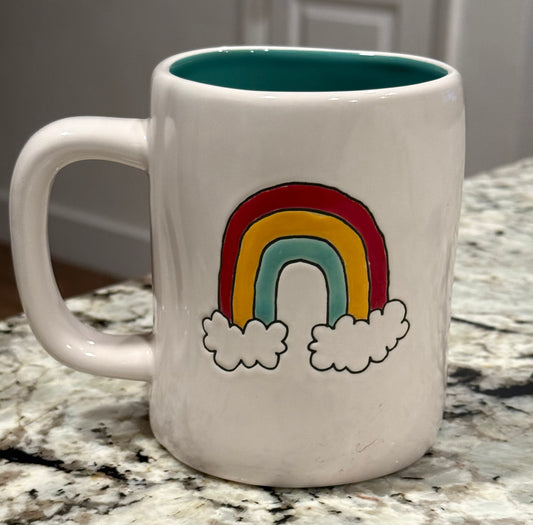 New Rae Dunn white ceramic coffee mug CHASING RAINBOWS
