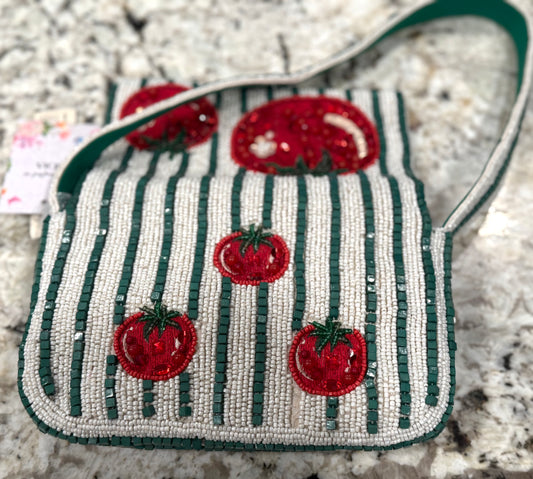 New beaded Made In India green & white striped tomato print purse shoulder bag handbag