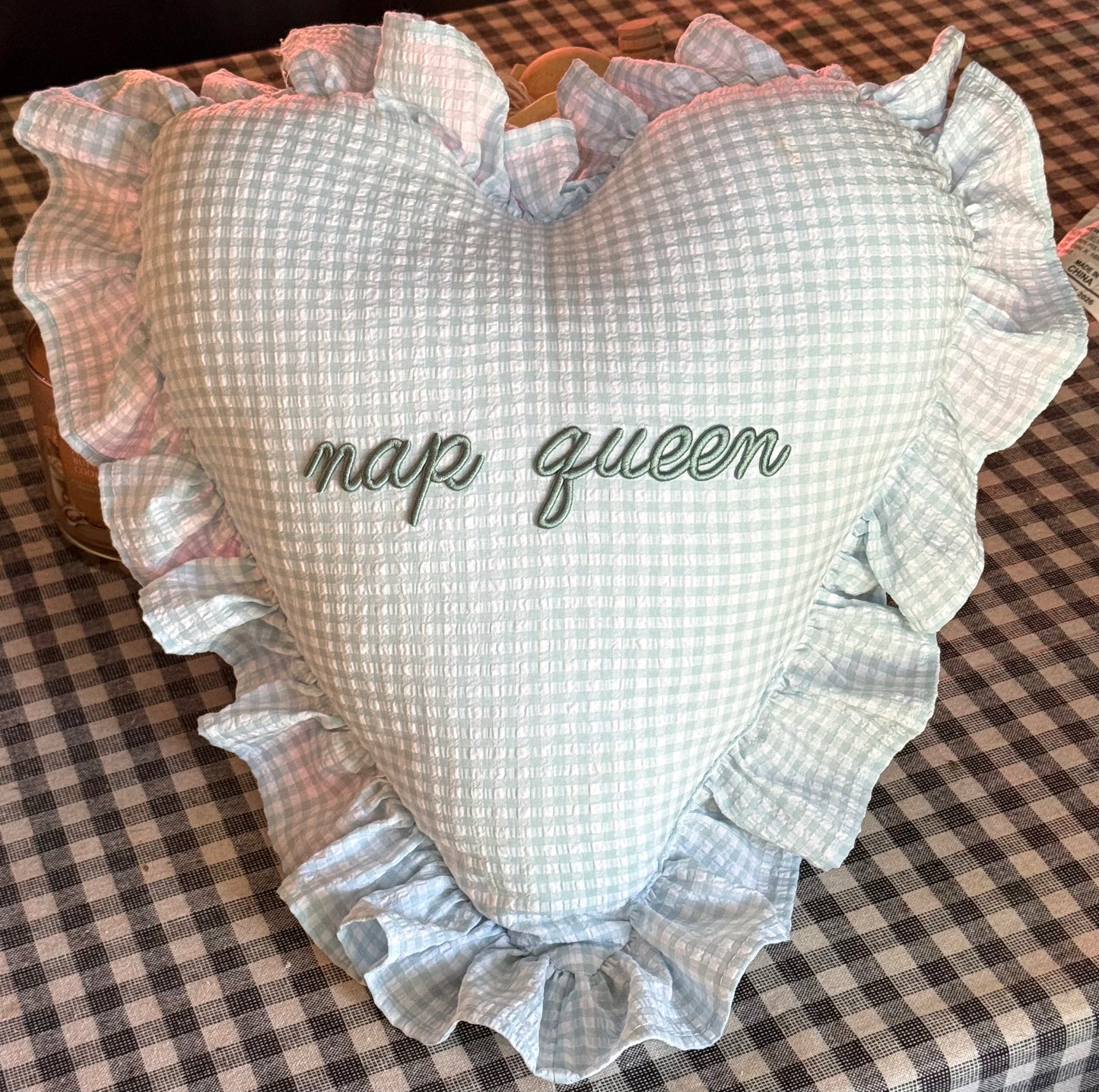 New blue gingham 14x12 heart throw pillow NAP QUEEN