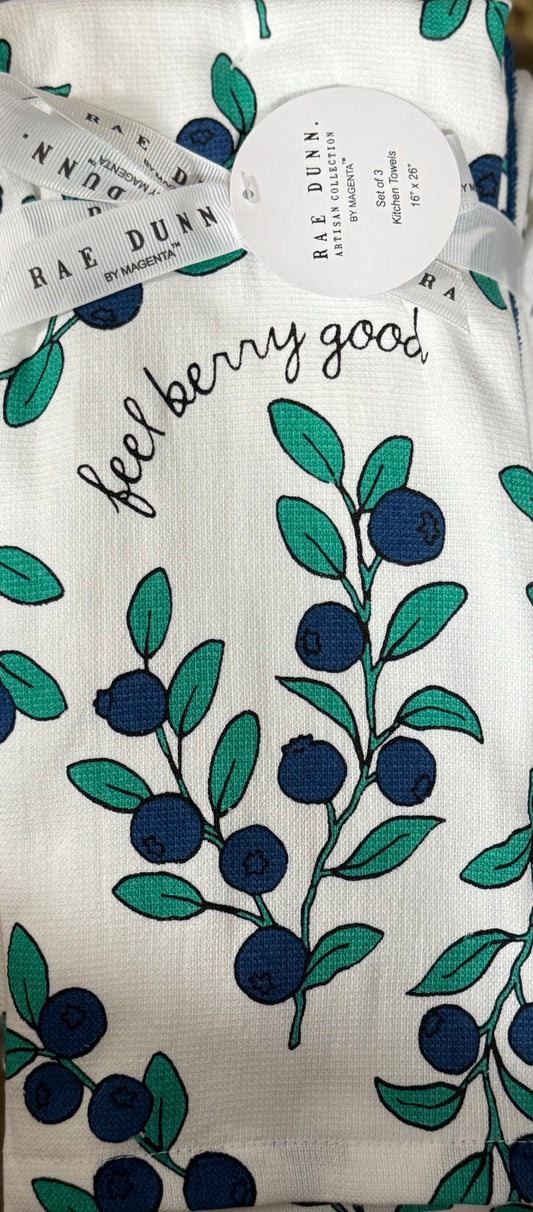 New Rae Dunn 3-piece kitchen dish towel set blueberry 🫐 print FEEL BEERY GOOD