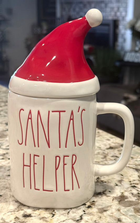 New white ceramic Rae Dunn SANTA’S HELPER Christmas hat topped coffee mug