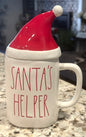 New white ceramic Rae Dunn SANTA’S HELPER Christmas hat topped coffee mug