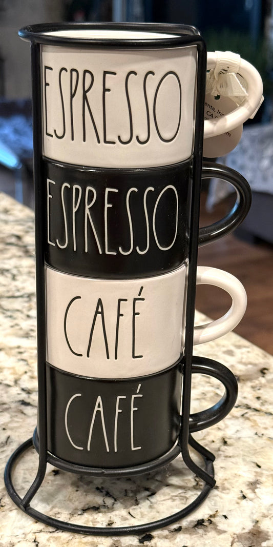 New Rae Dunn 4-piece ESPRESSO/CAFE ceramic mug set with metal cup holder