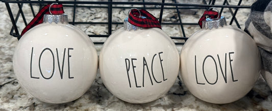 Rae Dunn Christmas ceramic 3-piece ornament set LOVE, PEACE, LOVE