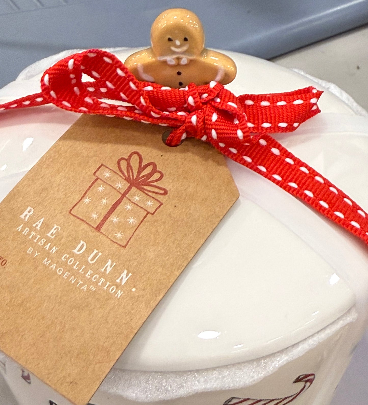 New Rae Dunn ceramic gingerbread topped baking dish BAKE candy cane & polka dot