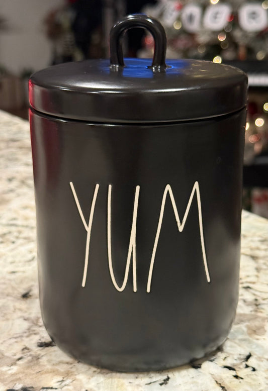 New Rae Dunn black ceramic canister 6” YUM