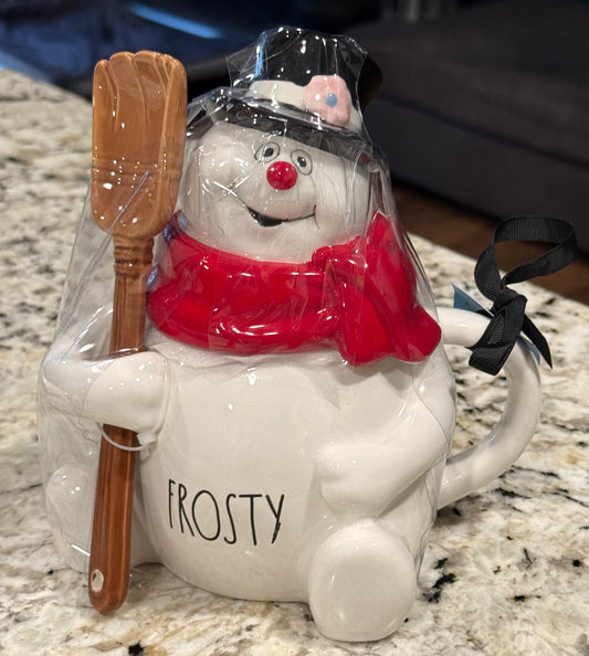 New Rae Dunn x FROSTY THE SNOWMAN ceramic coffee mug with broom