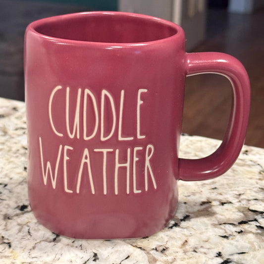 New Rae Dunn burgundy ceramic coffee mug CUDDLE WEATHER