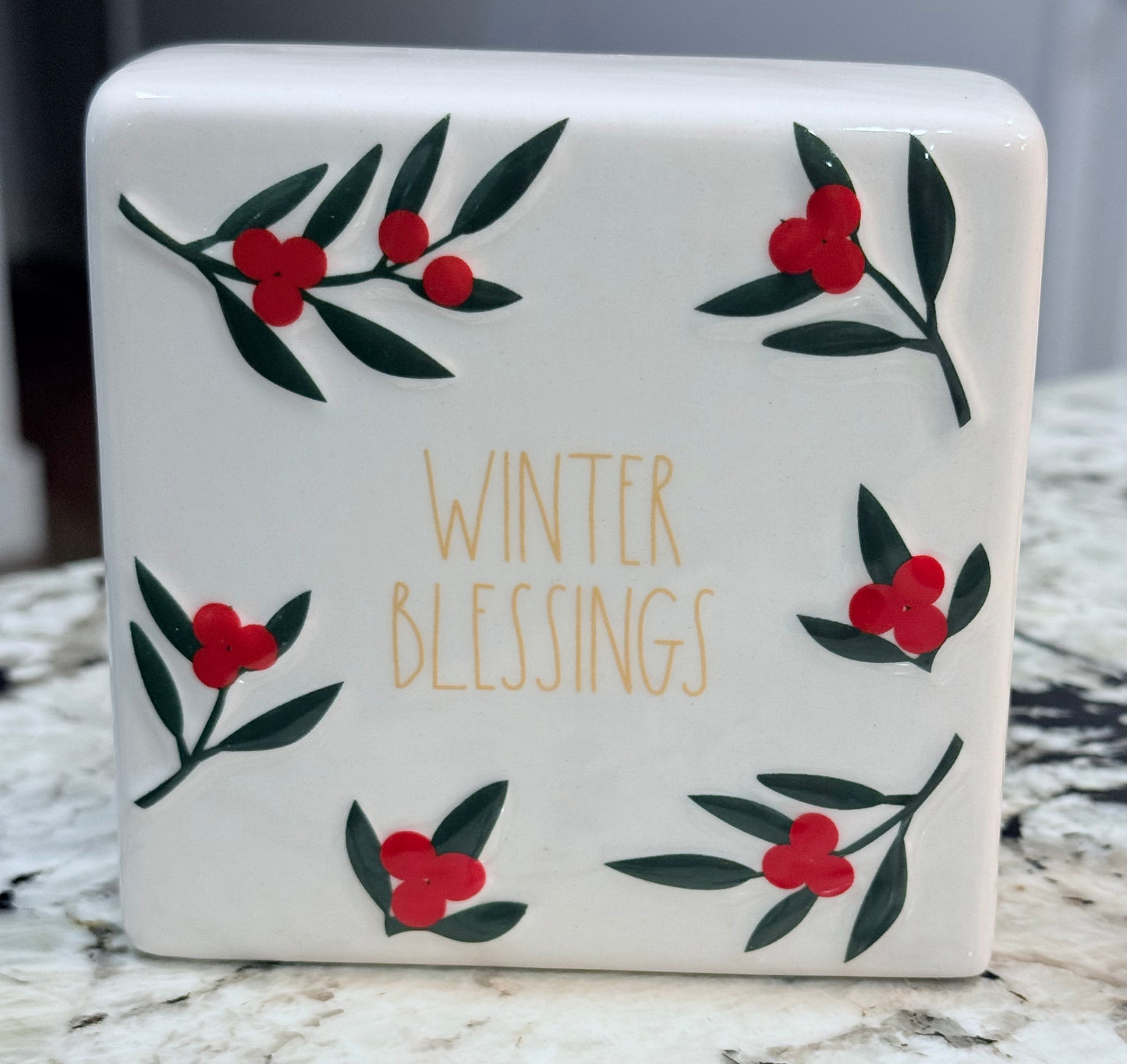 New Rae Dunn ceramic WINTER BLESSINGS 5x5 decor block