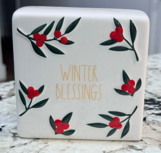 New Rae Dunn ceramic WINTER BLESSINGS 5x5 decor block