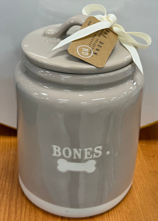 New Rae Dunn taupe ceramic BONES. Canister 8”