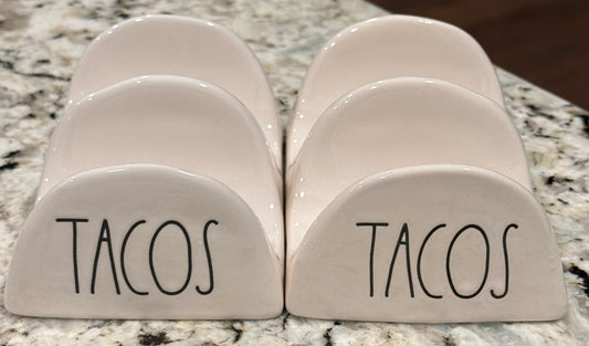 New Rae Dunn 2-piece white ceramic TACOS holder set