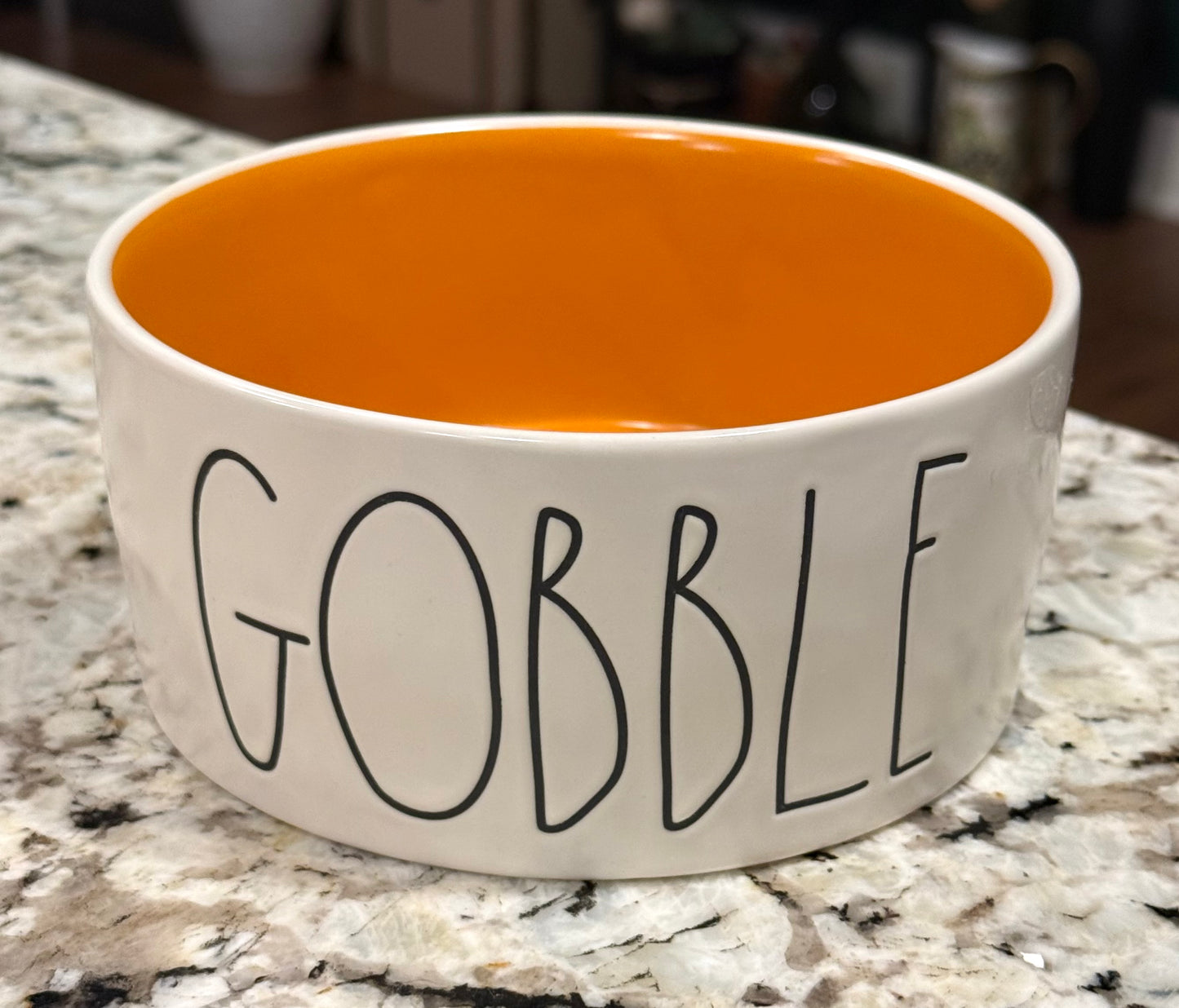 New Rae Dunn white ceramic 6” bowl GOBBLE orange interior