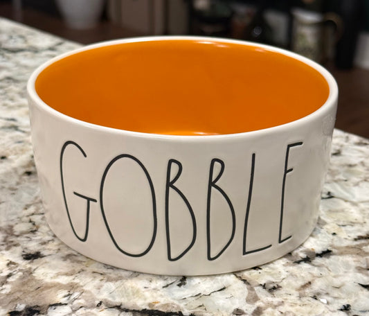 New Rae Dunn white ceramic 6” bowl GOBBLE orange interior