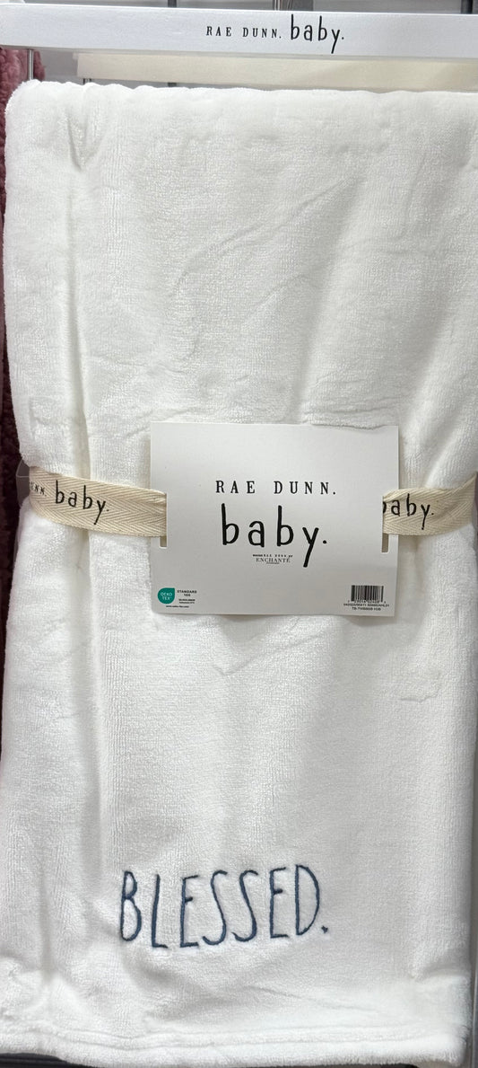 New Rae Dunn white 30x40 blue stitching BLESSED. baby blanket throw