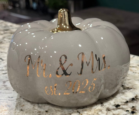 New gray ceramic Mr. & Mrs. 2025 Pumpkin decor