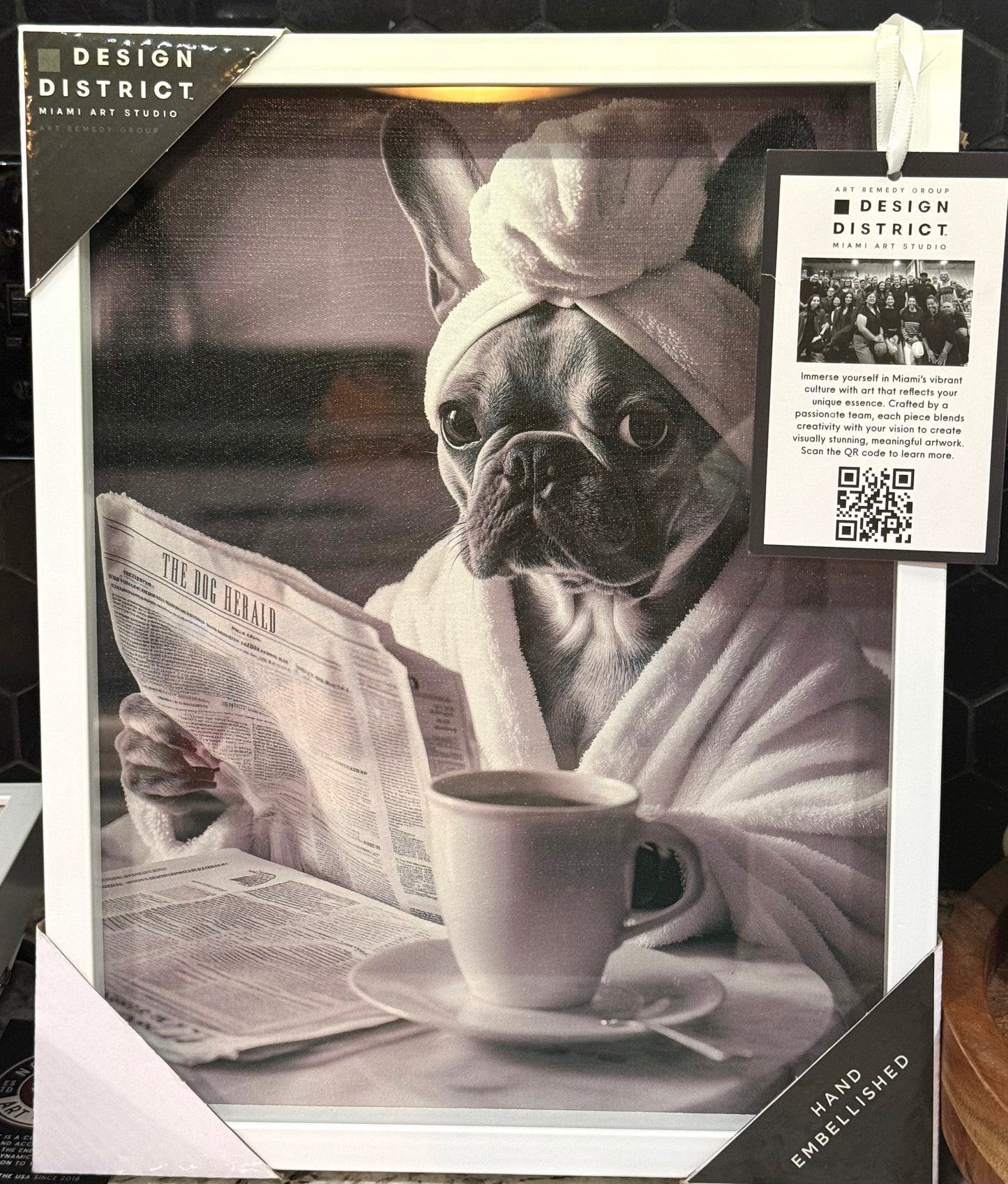 New Oliver white framed Frenchie newspaper & coffee photo decor 15.25x10.25