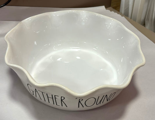 New large Rae Dunn ceramic scalloped edge serving bowl GATHER ‘ROUND