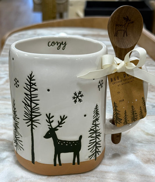 New Rae Dunn white ceramic Christmas tree coffee mug COZY with spoon