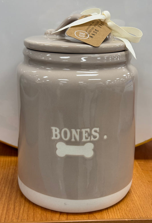 New Rae Dunn taupe ceramic BONES. Canister 8”