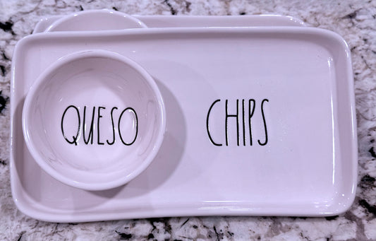 New Rae Dunn ceramic dip plate QUESO/CHIPS
