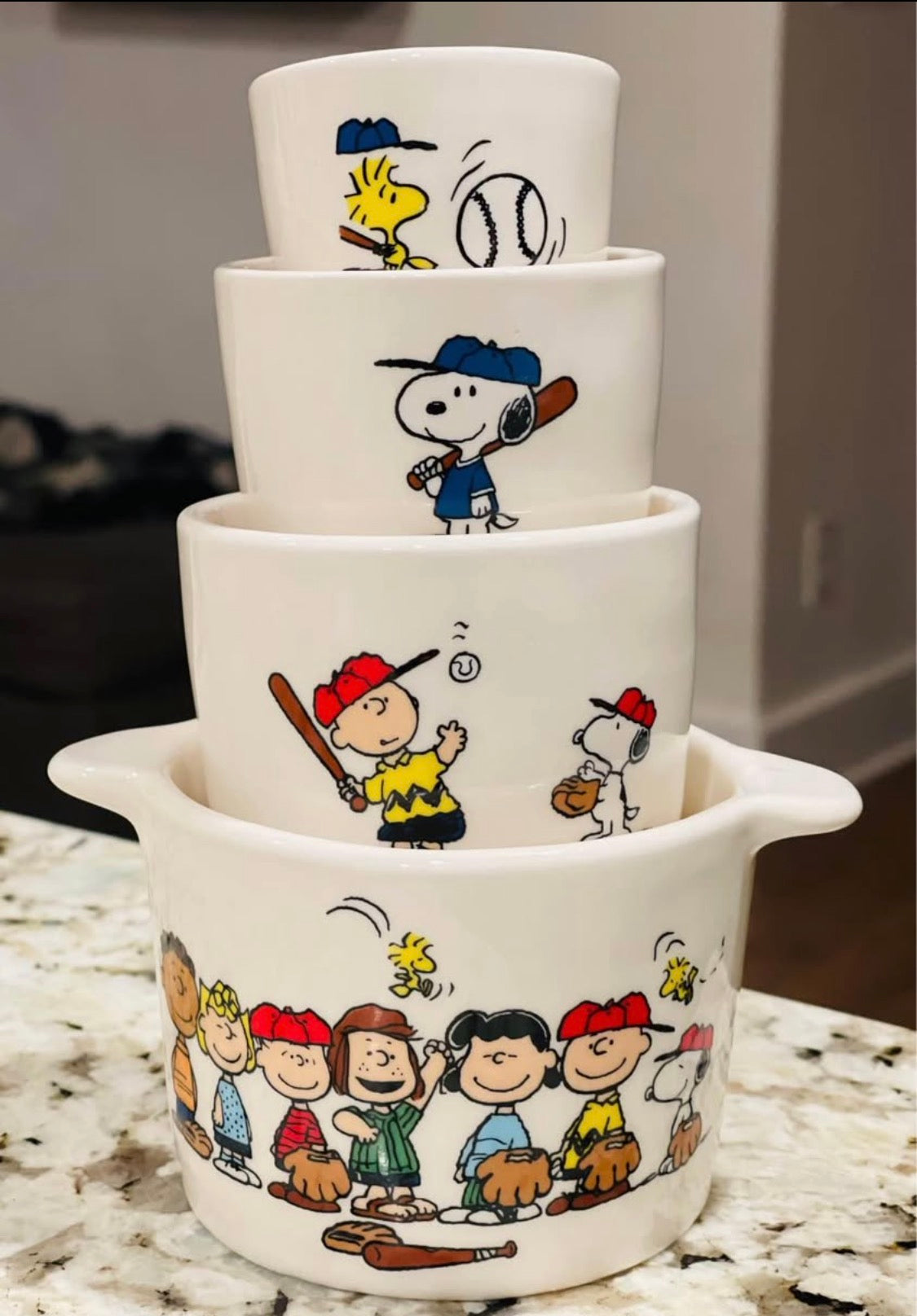New Rae Dunn ceramic Peanuts Snoopy baseball measuring cup set