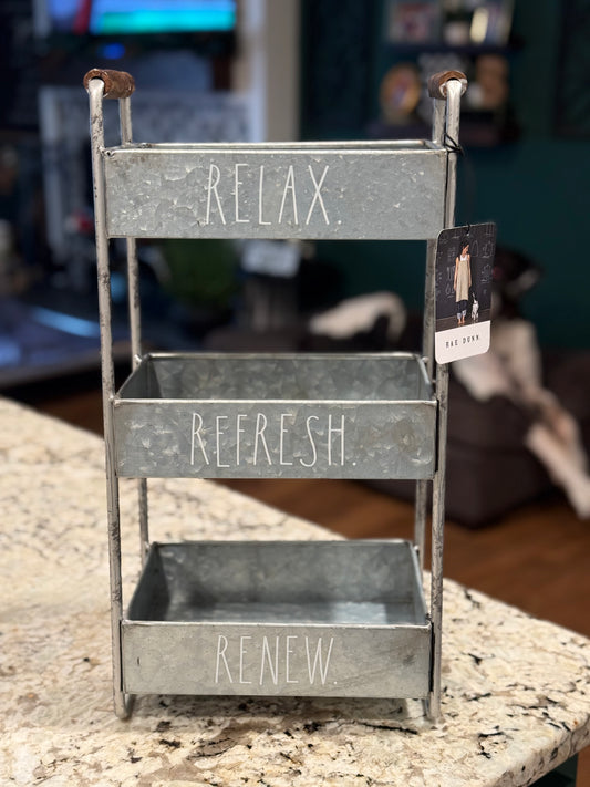 New metal Rae Dunn 3-tiered storage cart RELAX. REFRESH. RENEW.