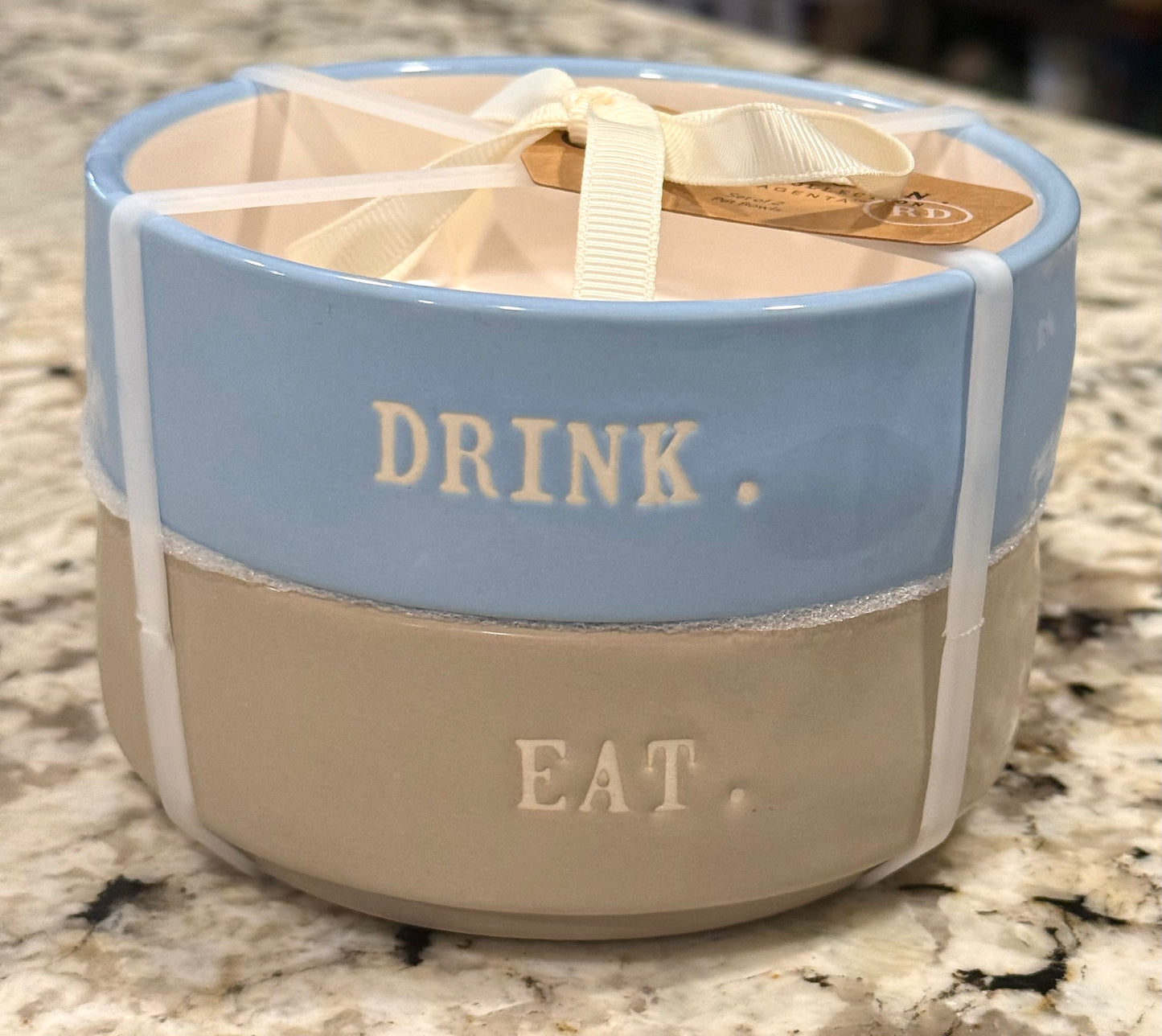 New Rae Dunn 2-piece ceramic pet bowl set blue/gray EAT & DRINK