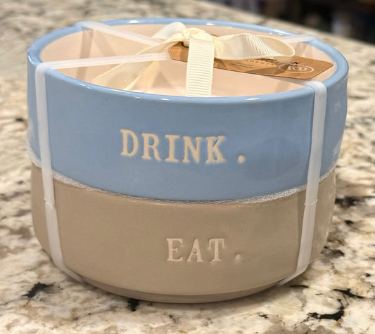 New Rae Dunn 2-piece ceramic pet bowl set blue/gray EAT & DRINK