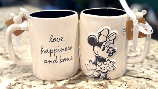 New Rae Dunn x Disney’s Minnie Mouse ceramic coffee mug, LOVE, HAPPINESS, AND BOWS