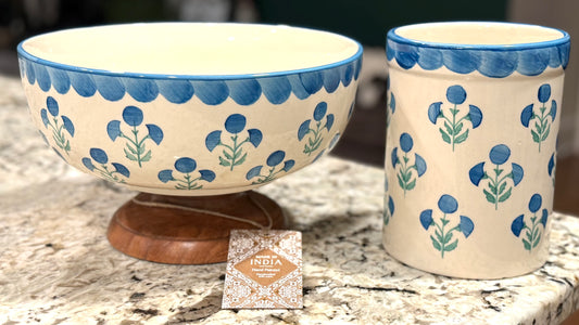New Made in India blue floral 2-piece utensil holder & large pedestal fruit bowl