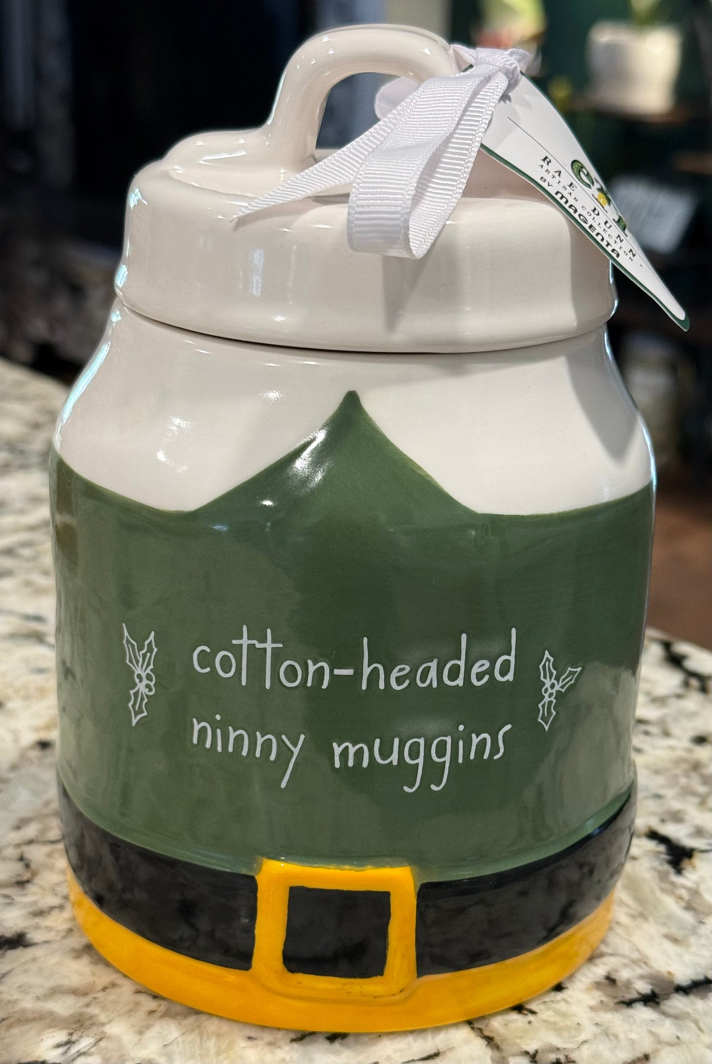New Rae Dunn green tall ELF MOVIE ceramic Christmas decor 6” canister COTTON HEADED NINNY MUGGINS