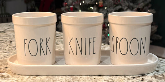 Rae Dunn white ceramic 4-piece kitchen utensils holder set