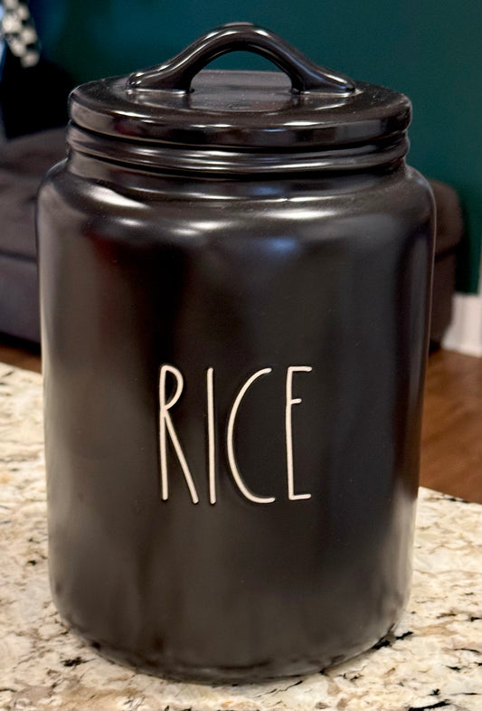 New Rae Dunn black ceramic RICE canister 9”