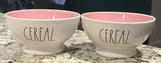 New Rae Dunn white ceramic 2-piece CEREAL bowl set-pink interior