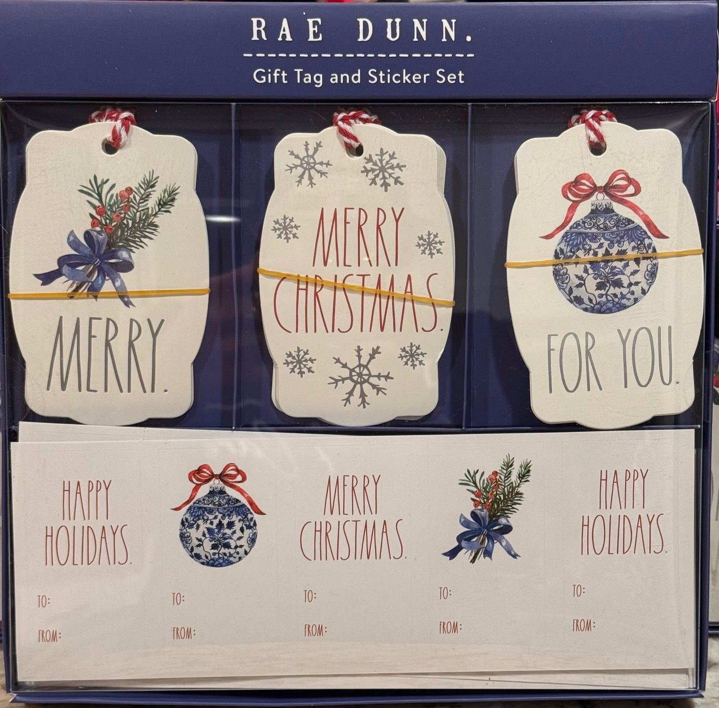 New Rae Dunn blue Christmas gift tag & sticker boxed set