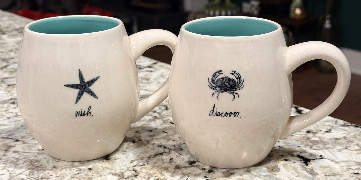 Rae Dunn 2-piece ceramic beach theme coffee mug set DISCOVER/WISH