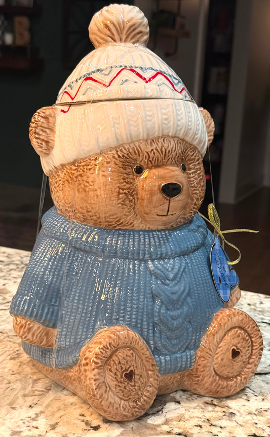 New Home for the Holidays viral ceramic winter hat teddy bear cookie jar Christmas decor