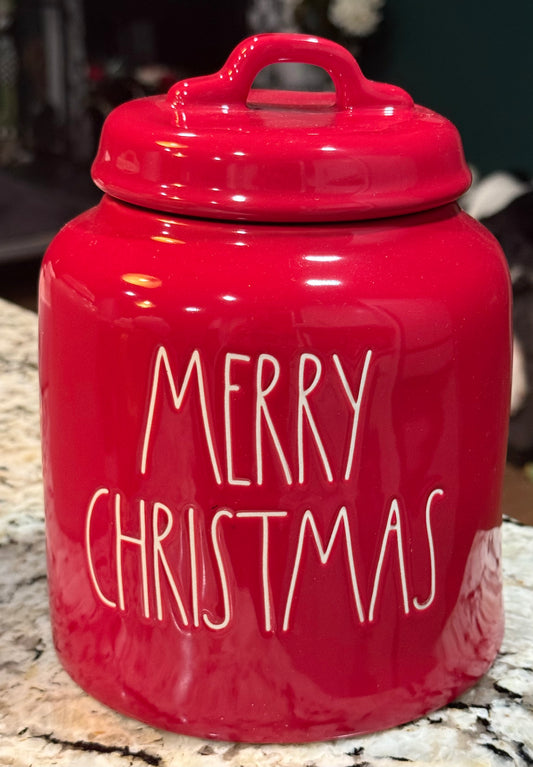 New Rae Dunn red ceramic holiday Christmas storage canister cookie jar MERRY CHRISTMAS