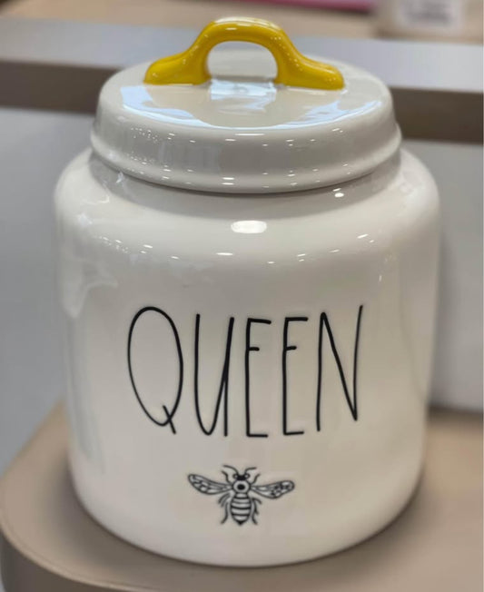 New Rae Dunn white ceramic QUEEN BEE 🐝 canister 8” fat lid decor