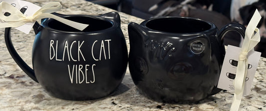 New Rae Dunn black ceramic coffee mug BLACK CAT VIBES