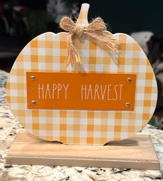 New Rae Dunn plaid wood fall decor pumpkin shaped sign HAPPY HARVEST