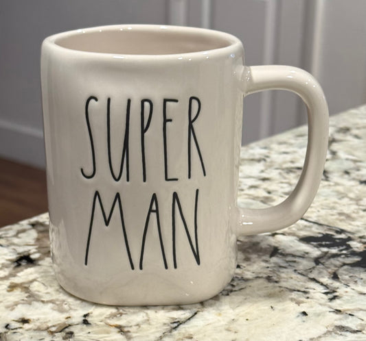 New Rae Dunn white ceramic coffee mug SUPER MAN