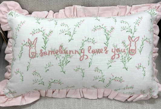 New pink ruffled Easter throw pillow decor SOMEBUNNY LOVES YOU 9x16