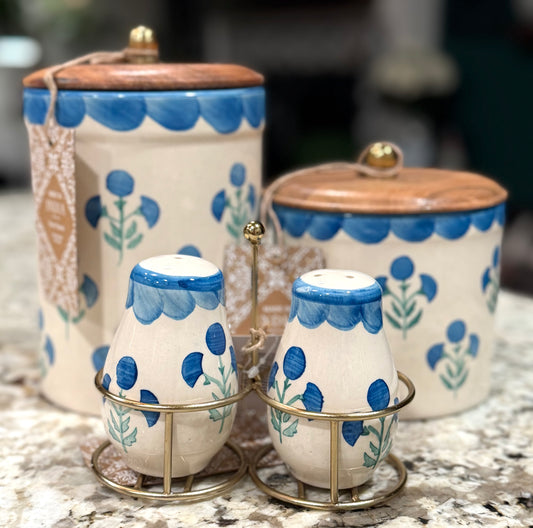 New Made in India blue floral 3-piece canister/salt & pepper shaker set