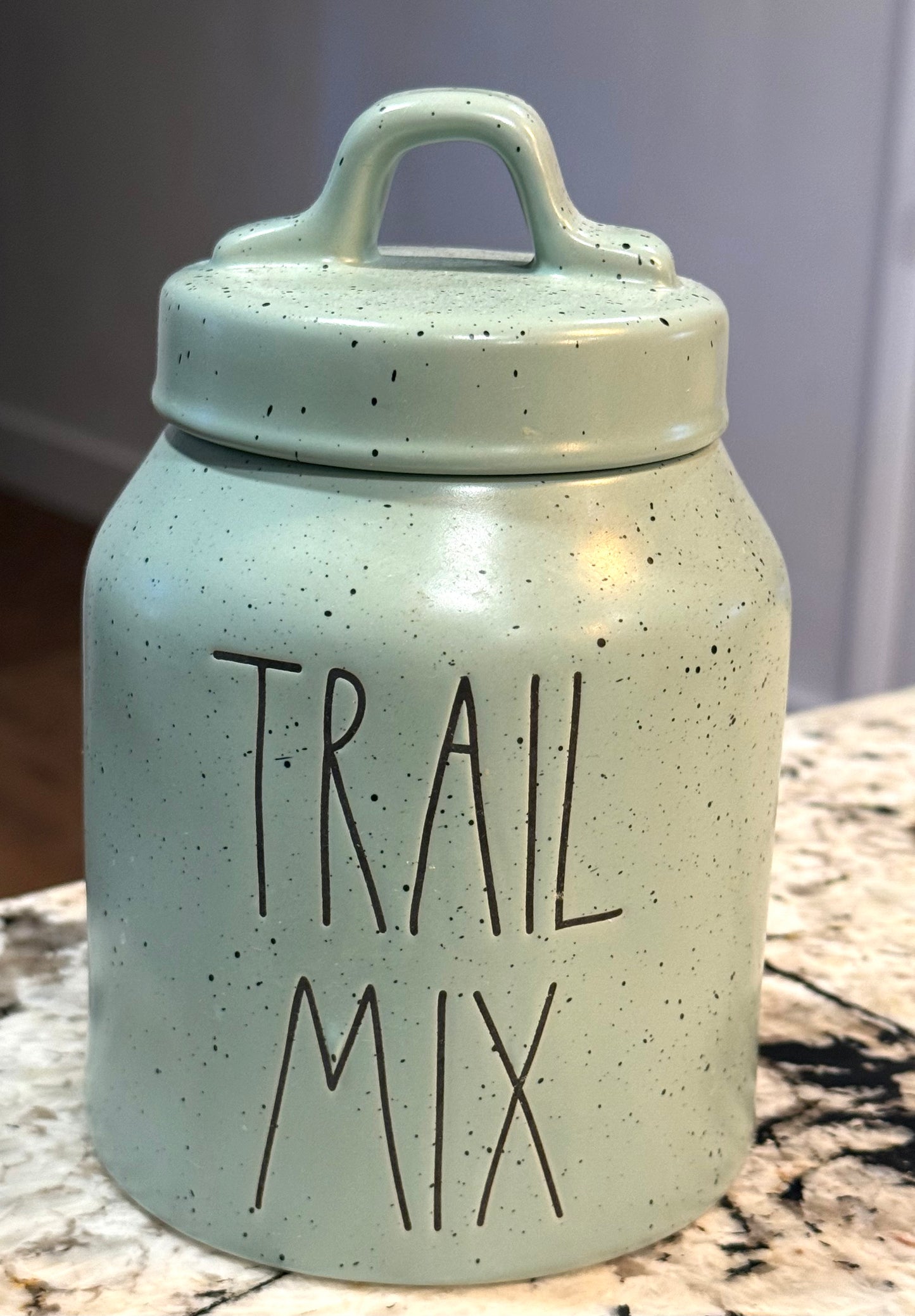 New Rae Dunn green & black specked ceramic canister TRAIL MIX