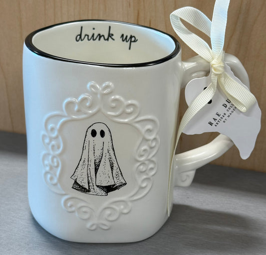 New Rae Dunn white ceramic Halloween ghost 👻 coffee mug DRINK UP