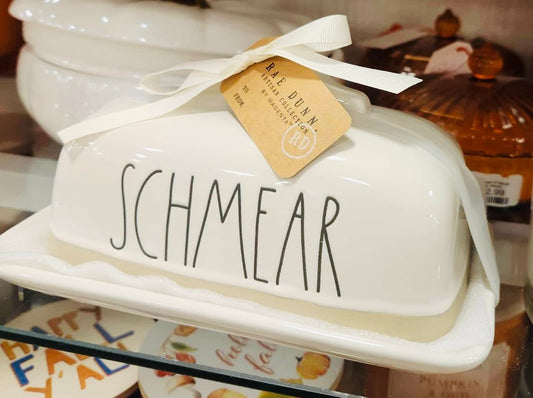 New ceramic Rae Dunn butter dish and covered lid SCHMEAR